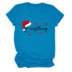 Detail of blue Christmas T-shirt featuring 'Everything' print with a Santa hat design