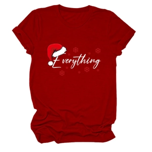 Close-up of red Christmas T-shirt featuring 'Everything' text and festive snowflake print