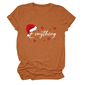 Detail of rust red Christmas T-shirt featuring Everything script and holiday snowflakes