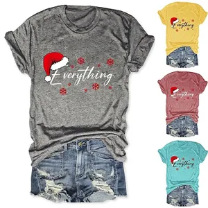 Women Christmas Everything Letter Print T-Shirt Crew Neck Short Sleeve Loose Casual Cotton Blend Festive Tee Top Holiday Party