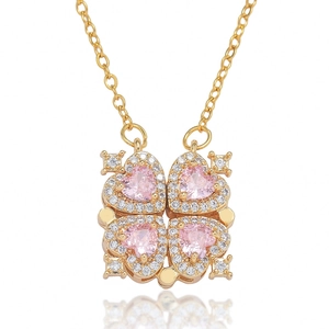 Stainless Steel Foldable Clover Heart Necklace Gold Plated Zirconia Magnetic Opening Closing Versatile Clavicle Chain For Women