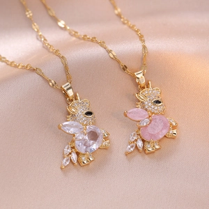 Cute Rabbit Pendant Necklace Titanium Steel Pink White Zircon Animal Jewelry For Women Girls Daily Accessory Stylish Design