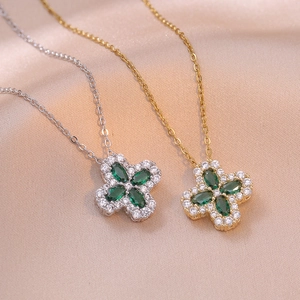 Collana Con Ciondolo A Fiore Stratificata Acciaio Al Titanio Zircone Verde Design Di Nicchia Elegante Gioielli Donna