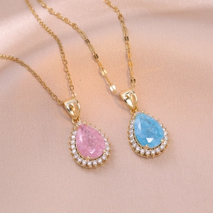 Water Drop Pendant Necklace Titanium Steel Colorful Zircon Rhinestone Inlaid Elegant Fashion Jewelry For Women