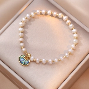 Freshwater Pearl Bracelet With Shell Lock Pendant Alloy Metal Beads Korean Style Jewelry For Women