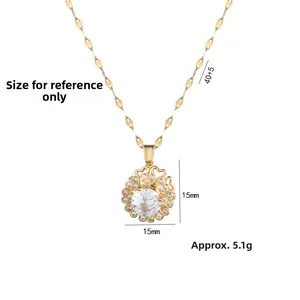 Gold heart floral necklace with rotating zircon pendant, 40+5cm length and 15mm diameter