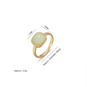 Adjustable gold open ring with green zircon stone and beaded bezel, size 11x10mm