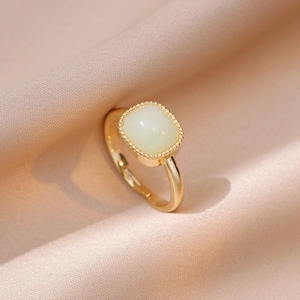 Adjustable Open Ring Copper Square Faux Jade Vintage Beaded Edge Korean Fashion Jewelry For Women