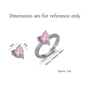 Anello regolabile in argento con zircone a cuore rosa e piccoli diamanti laterali