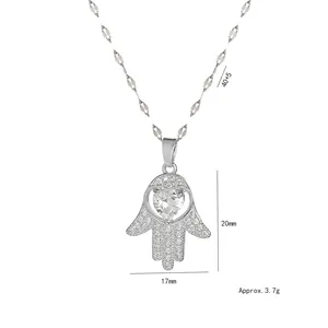 Silver Hamsa Hand heart necklace with zircon pendant and twisted chain dimensions