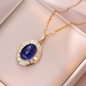 Collier À Pendentif Octogonal Vintage Pour Femmes En Acier Inoxydable Avec Zircon Ovale Bleu Bijoux Élégants