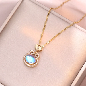 Titanium Steel Lock Pendant Necklace With Iridescent Moonstone And Micro Pave Zircon Elegant Vintage Style Women Jewelry