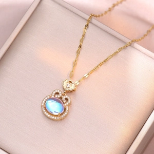 Golden heart flower necklace with iridescent moonstone gourd pendant for women
