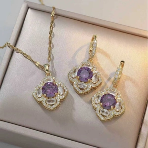 Collana Pendente Fiore Orecchini Zirconia Viola Acciaio Al Titanio Rame Gioielli Eleganti Per Donne Ragazze Regalo