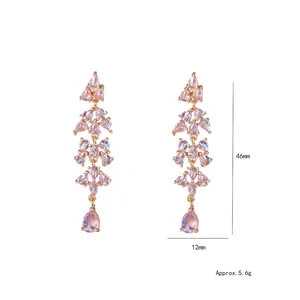 Boucles d'oreilles pendantes avec pierres roses et feuilles dorées, longueur 46mm