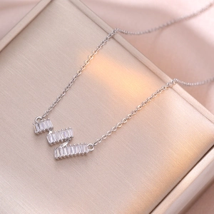 Wavy Pendant Necklace Stainless Steel Baguette Zircon Geometric Zigzag Choker Minimalist Jewelry For Women Elegant Silver