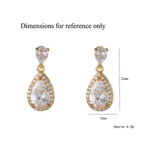Elegant gold-plated teardrop earrings with sparkling cubic zirconia measuring 26mm by 12mm