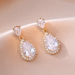 Teardrop Dangle Earrings Copper Inlaid Zircon Pear Shape Halo Drop Ear Jewelry For Women Fashion Minimalist