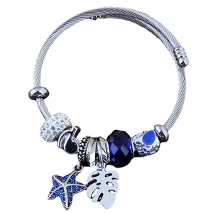 Ocean Starfish Leaf Music Note Charm Bangle Alloy Stainless Steel Wire Bracelet With Rhinestones For Women Fashion