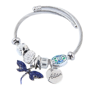 Bracelet Jonc À Charme Pendentif Libellule Alliage Émail Perles Strass Couleur Argent Bijoux Mode Pour Femmes