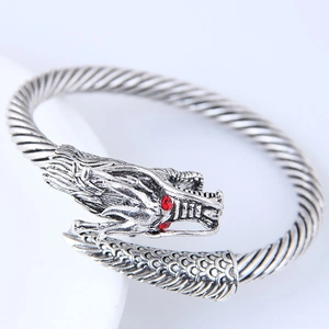 Dragon Bangle Bracelet Alloy Retro Gothic Punk Twisted Cable Open Adjustable With Red Zircon Eyes Ethnic Jewelry
