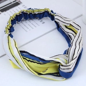 Fascia per capelli incrociata a righe giallo, blu e bianco con elastico posteriore