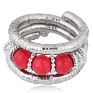 Bohemian multi-layer wrap bracelet with red turquoise beads and silver metal snake chain