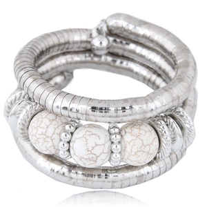 Multilayer silver snake chain cuff bracelet with white marble turquoise beads