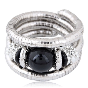Multilayer silver snake chain ring with large round black bead and carved metal spacers
