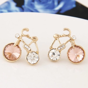 Chic gold bicycle earrings with soft pink stones and sparkling crystal accents