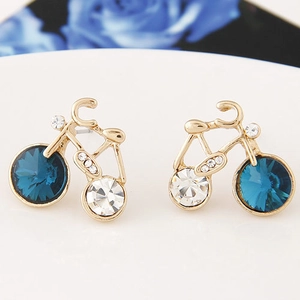 Creative Bicycle Shaped Stud Earrings Gold Color Alloy With Blue Czech Rhinestone Novelty Fashion Jewelry For Women