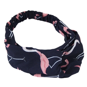 Breites Knoten-Stirnband in Dunkelblau mit Flamingo-Muster und elastischem Band