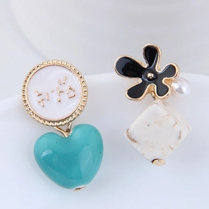 Korean Style Asymmetric Stud Earrings Alloy Enamel Heart Flower Imitation Artificial Pearl Geometric Cube Sweet Jewelry Accessory