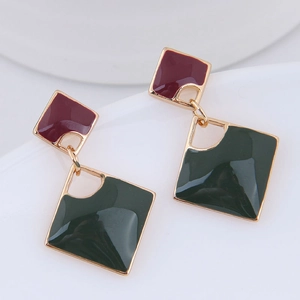 Fashion geometric square earrings with burgundy and dark green color-blocking design
