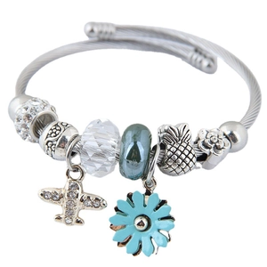 Charm Bracelet With Alloy Steel Wire Enamel Daisy Airplane Pineapple Pendants Rhinestone Beaded Jewelry For Women