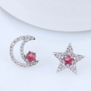 Asymmetric star and moon stud earrings with zircon inlay and red star gemstones