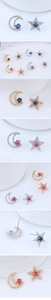 Detailed macro view of asymmetric star and moon earrings with cubic zirconia inlay