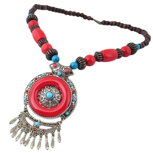 Vintage Ethnic Bohemian Long Sweater Chain Necklace Alloy Wood Beads Resin Turquoise Large Pendant Hollow Flower Tassel