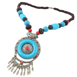 Bohemian ethnic long necklace with vintage metal tassel pendant and colorful beads