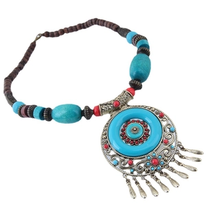 Bohemian retro long beaded necklace with blue turquoise stones and fringe pendant