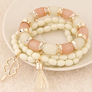 Multi-Layer Beaded Bracelets Alloy Resin Four-Leaf Clover Charm Tassel Bohemian Style Elegant Jewelry For Women