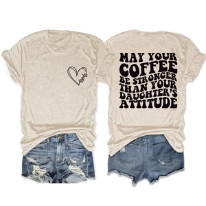 Detailed front and back view of beige cotton T-shirt with 'Mom' heart and coffee slogan print