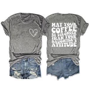 Front and back view of a grey crew neck mom t-shirt paired with distressed denim shorts