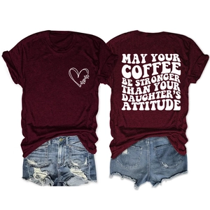 Detail view of burgundy cotton T-shirt with MOM heart print and slogan back design