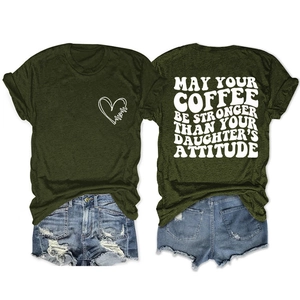 Detail view of olive green t-shirt with 'May Your Coffee Be Stronger' slogan back print