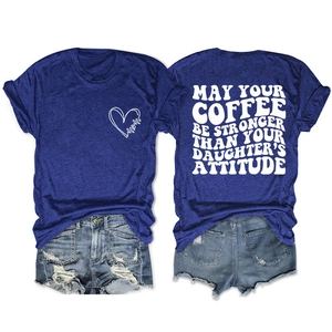 Detail of navy blue cotton t-shirt featuring printed funny Mother's Day slogan and heart logo