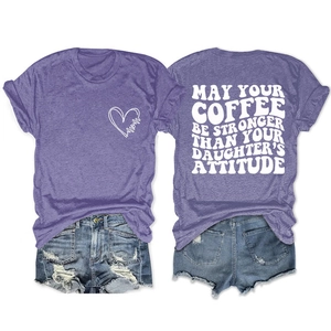 Front and back detail of purple MOM print t-shirt with heart graphic and artistic slogans