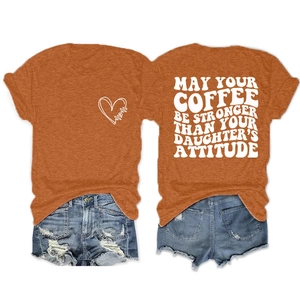 Short sleeve orange t-shirt and denim shorts set with MAY YOUR COFFEE BE back slogan