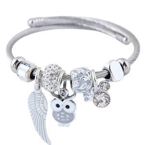 Silver owl and wing charm bracelet with stainless steel twisted cable and sparkling crystals