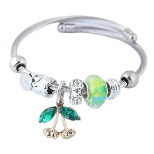 Silver beaded bracelet with twisted cable chain and cherry charm with green crystals
